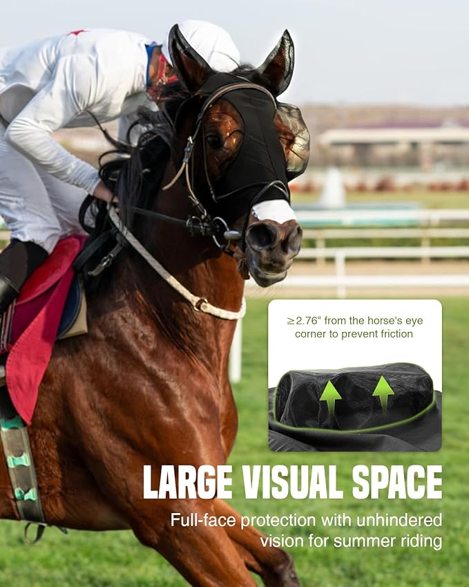 JWODVNTH Fly Masks for Horses with Ears - Large Eye Space, Comfort, UV-Block - Horse Fly Mask for Daily Stable, Hot Weather Riding, and Competition - Pony, Black