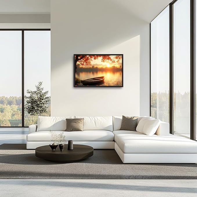 Large Lake Sunrise Landscape Wall Art for Living Room, Nature Boat Canvas Oversized Wall Decor, River Scenery Framed Pictures Painting Print Artwork for Bedroom Office 36"L x 24"W