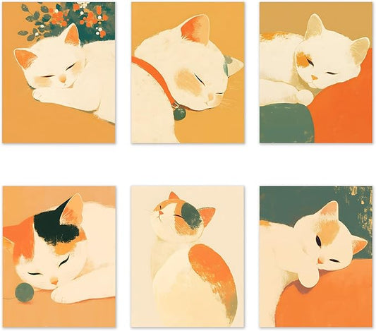 RoyoLam Cat Canvas Wall Art Prints - Set of 6 Unframed 8x10 Inches, Japanese Style Illustrations Nursery Decor for Kids Room and Playroom