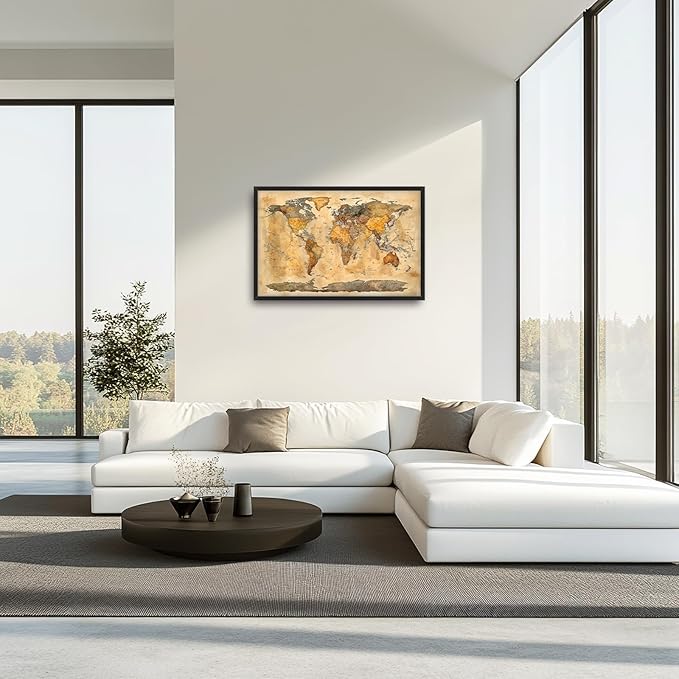 Extra Large World Map Framed Wall Art for Living Room,Oversized Vintage Map of The World Pictures Wall Decor,Canvas Print Painting Modern Artwork Bedroom Office Bathroom 36L" x 24W"