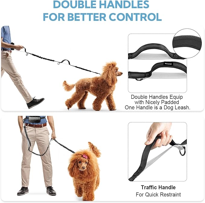 Hands Free Dog Leash, Adjustable Waist Belt with Double Padded Handles, Retractable Bungee for Medium & Large Dogs, Waist Leash for Dog Walking, Running, No Pull, Black