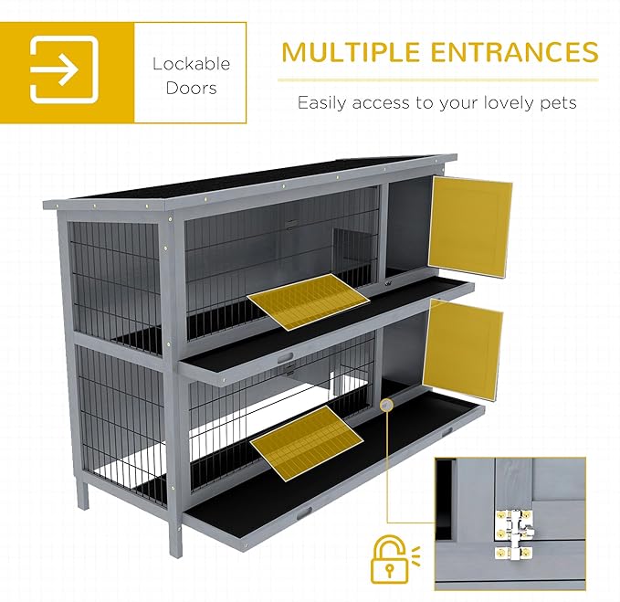 PawHut 54" 2-Story Large Rabbit Hutch Bunny Cage Wooden Pet House Small Animal Habitat with Lockable Doors, No Leak Tray and Waterproof Roof for Outdoor/Indoor Grey