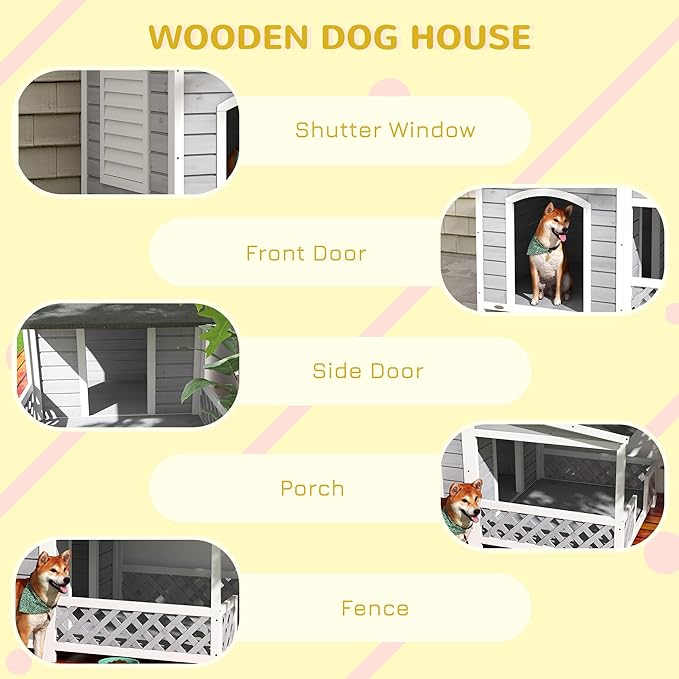 PawHut Wooden Dog House Outdoor with Porch, Cabin Style Raised Dog Shelter with Asphalt Roof, Doors, and Shutter Window, for Medium Large Sized Dog, Light Gray