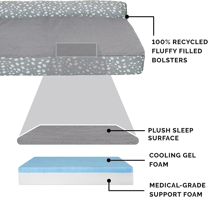 FurHaven Supportive Cooling Memory Foam L Chaise Dog Bed with Washable & Removable Cover - Plush & Almond Print - Gray Almonds, Dogs Up to 35 lbs - Medium