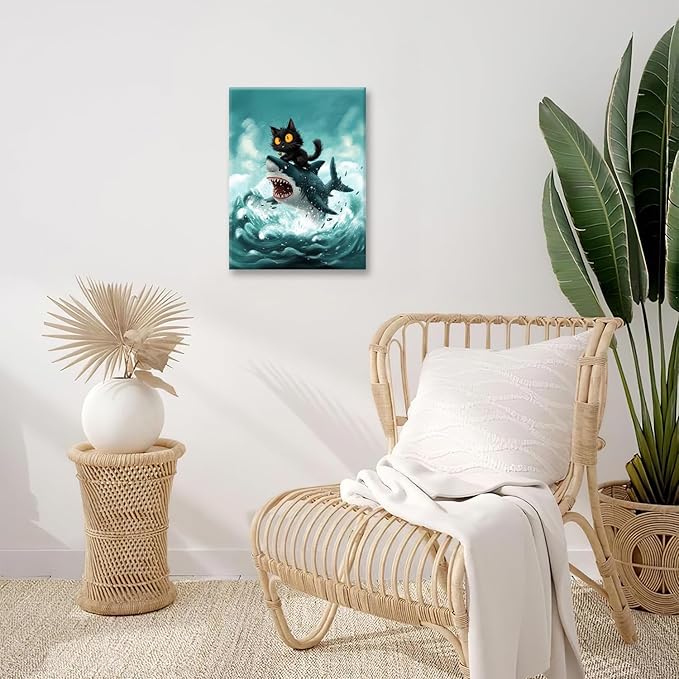 Funny Black Cat Bathroom Wall Art Cute Cat Riding Shark Canvas Wall Decor Animal Kitten Pictures Painting Print Artwork Framed Decorations Gifts for Cat Lover Kids Room Bedroom 12"x16"