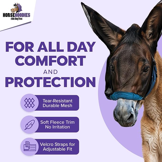 Donkey Fly Mask with Long Ears (Black) Half Hoodie for Standard Donkey, Made in USA - Mule Fly Mask with Ears Protection from Insects and Bugs, Face Cover Soft Mesh Fabric with Adjustable Fastener
