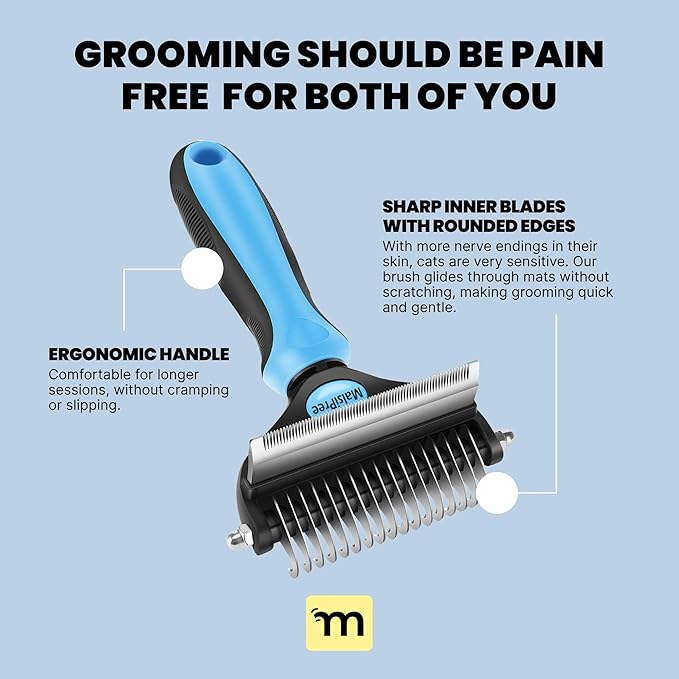 MalsiPree Cat Shedding Brush - 2 in 1 Deshedding Tool & Undercoat Rake for Dense Double-Coats - Dematting Comb - Deshedding Brush for Cats - Pet Hair Removal Tool (Blue) - Dog Grooming Supplies