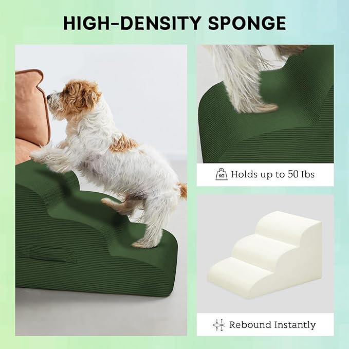 Dog Steps for Small Dogs, 3-Step Pet Ramp Stairs for High Beds and Sofa, Non-Slip Pet Stairs for Small Dogs and Cats, Removable and Easy to Clean Cover, Green