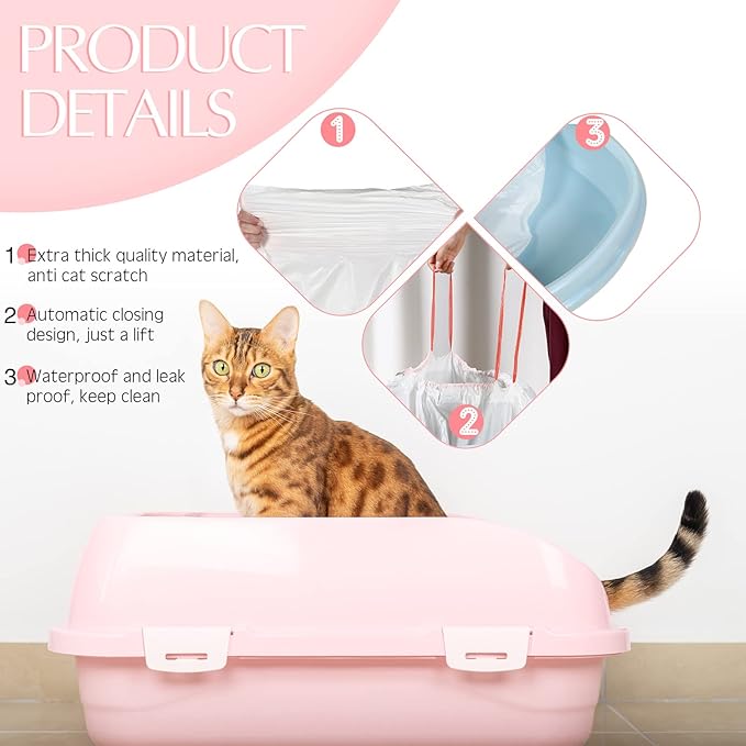Sabary 30 Count Large Cat Litter Box Liners Drawstring Jumbo Kitty Litter Pan Box Liners Heavy Duty Cat Trash Bags Pet Thick Trash Box Liners Portable Kitty Rubbish Bags, 31 x 18 Inch