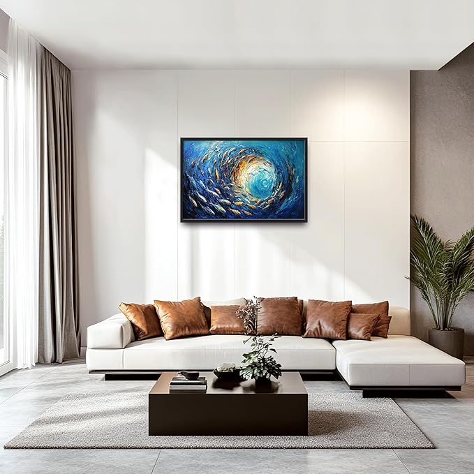 Extra Large Framed Abstract Ocean Fish Wall Art,Oversized Blue Sea Nautical Fish Wall Decor Pictures for Living Room,Canvas Print Painting Modern Artwork Bedroom Office Bathroom Home Decor 36L x24W