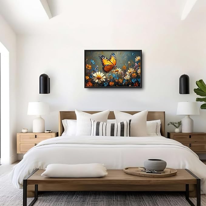 Large Butterfly Daisy Wall Art for Living Room, Floral Landscape Canvas Oversized Wall Decor, Flower Scenery Aesthetics Framed Pictures Painting Print Artwork for Bedroom Office 36"L x 24"W