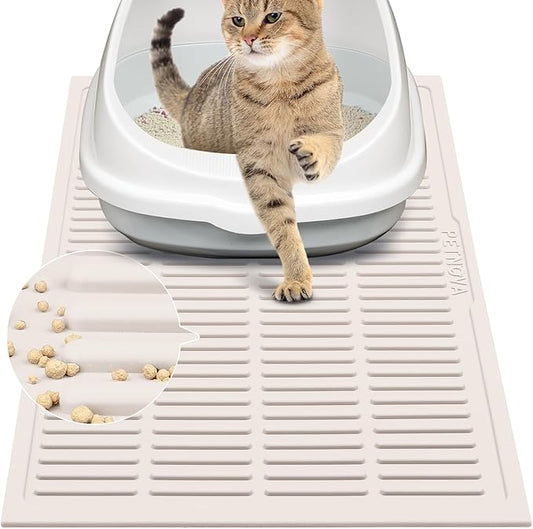 Rubber Litter Box Mat: Easy Clean Cat Litter Trapping Mat - Ivory White Kitty Litter Catcher Mat for Indoor Cats - Cute Litter Tracking Mat Beige (24” x 15”)