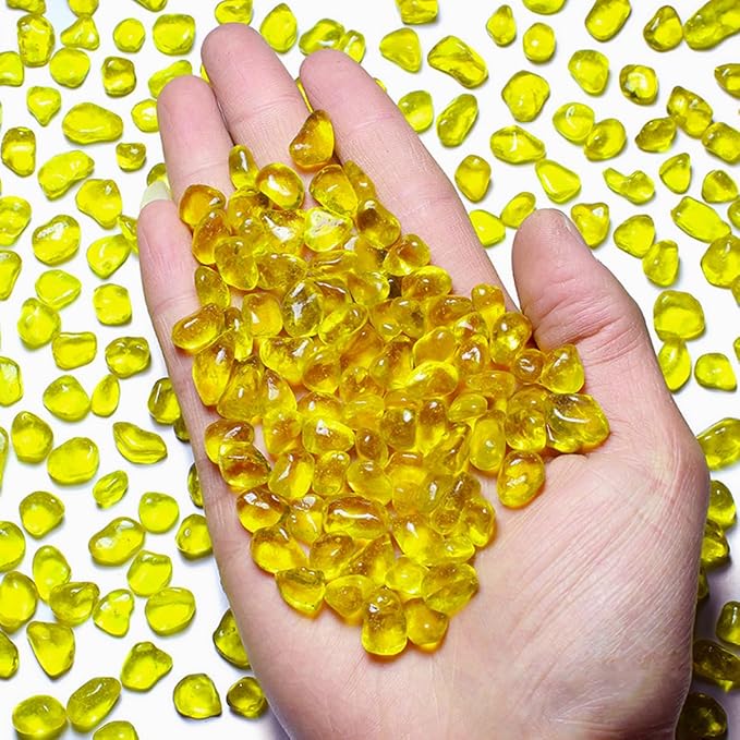 1 Lb (460 g) Yellow Sea Glass Stones Irregular Rainbow Glass Pebble Decorative Rock Quartz Tumbled Gemstone Chips for Aquarium Decoration/Vase Filler/Jewelry Making/Handwork Craft/Gems Display