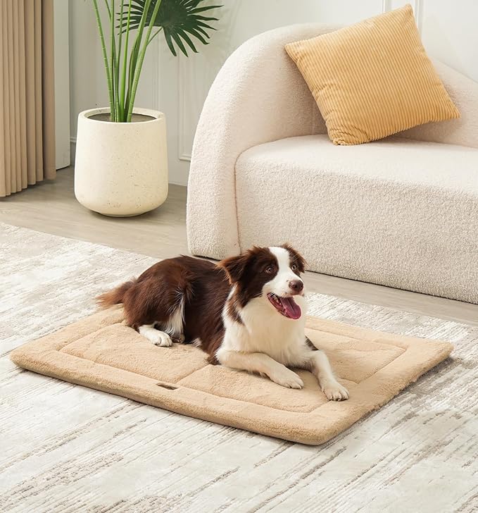 Made4Pets Dog Crate Pad Bed for Medium Large Dogs, Washable & Reversible, Anti-Slip Kennel Mat for Cozy Sleeping, Soft Fluffy Dog Bed for Indoor & Outdoor Use, 35"x23", Khaki