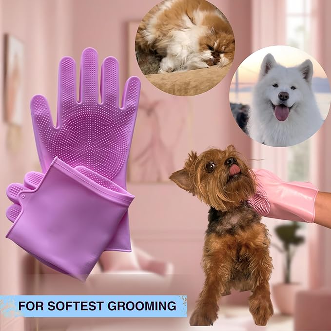 Grooming Gloves for Cats & Dogs - Pet Hair Removal Glove, Silicone Brush for Dog or Cat Washing, Puppy Bath Supplies for Shedding Cleaning Bathing & Massage, Fur Remover Mitt, Shower Shampoo Scrub
