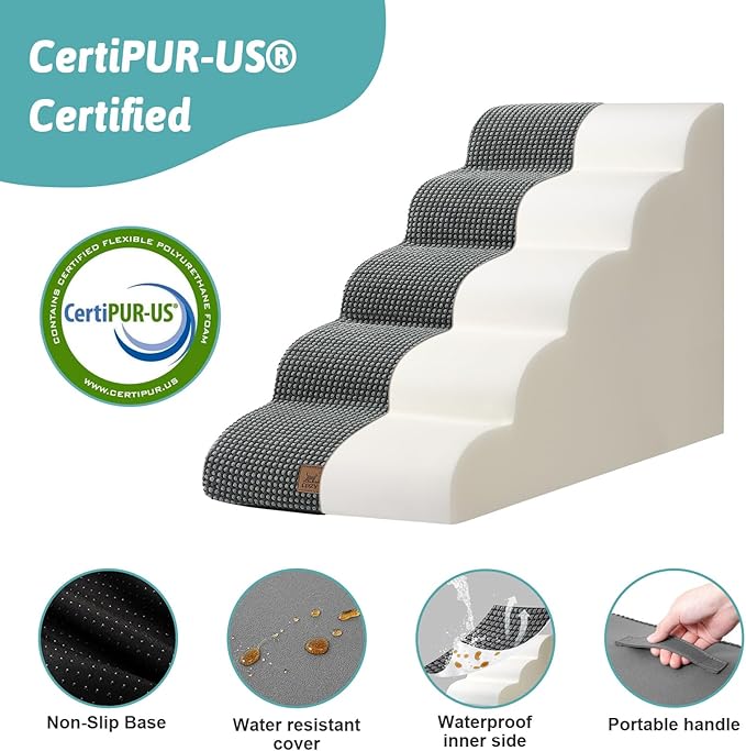Dog Stairs for High Bed 22.6" H, Small Dog Step for Puppy, Older or Cat, Curved Ramp for Car, Ladder with High Density Foam, Lightweight, Durable, 15.7x33x22.6 inch, 5 Step, Dark Grey