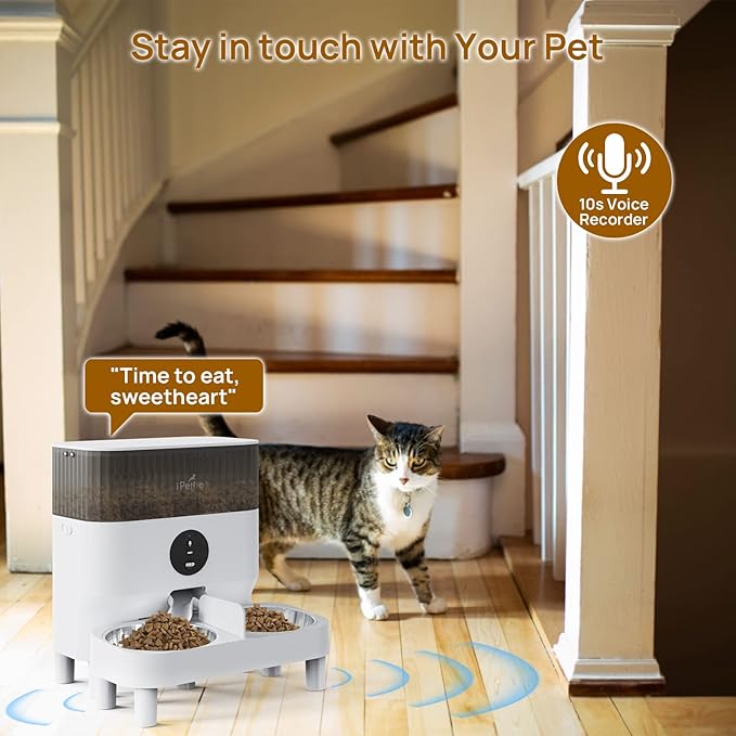 iPettie Automatic WiFi Pet Feeder for 2 Pets, 5L/21 Cup Capacity, 1-10 Meals Per Day, Adjustable Bowl Height, Smart Dog Cat Feeder with 2 Stainless Steel Bowls, Voice Recording, 2.4G WiFi App Control