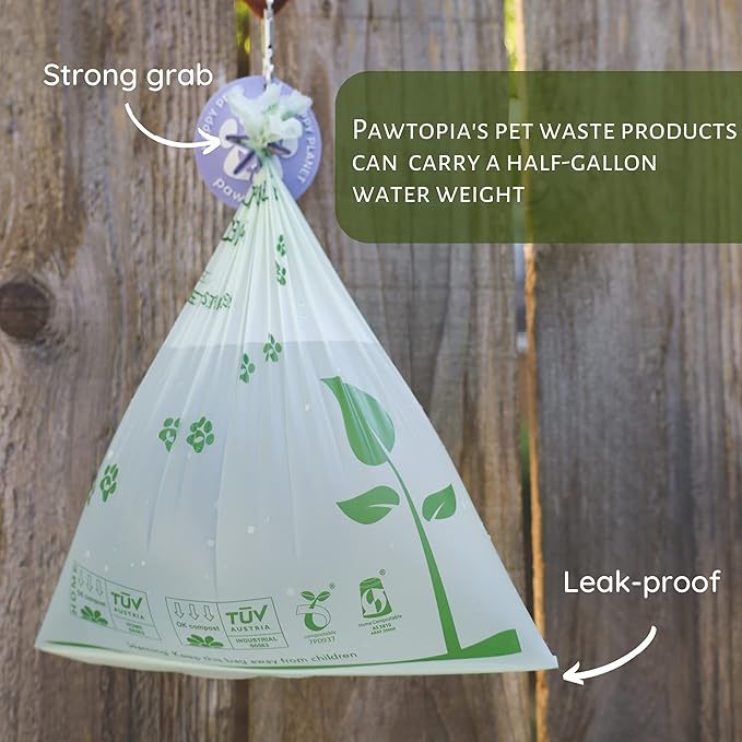 Pawtria Certified Home Compostable Dog Poop Bags (120) + Pink Poop Bag Carrier, Biodegradable Poop Bags, Vegetable Starches, Leak proof Dog Waste Bags, Light-weight silicone made bag carrier