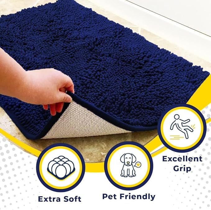 Muddy Mat® AS-SEEN-ON-TV Highly Absorbent Microfiber Dog Door Mat and Pet Rug, Non Slip Thick Washable Area and Bath Mat Soft Chenille for Kitchen Bathroom Bedroom and Indoor - Navy Blue Large 35"X24"