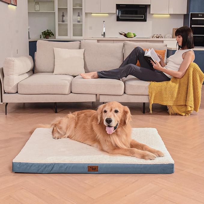 Outdoor Dog Beds for Extra Large Dogs, XL Pet Bed for Large Sized Dog, Egg Crate Foam Pet Bed with Removable Washable Oxford Cooling Cover, Blue White
