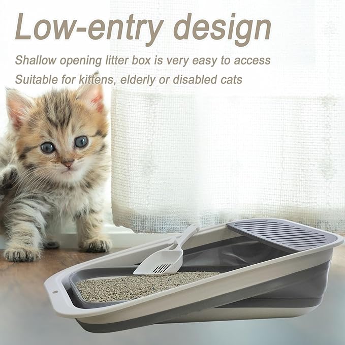 2 pcs Collapsible Kitten Litter Box,Low Entry Shallow Open Cat Potty Pan with Scoop Foldable Shallow Cat Toilet Travel Litter Box with Falling Sand Pedal for Kitty to Senior Cats 2PCS (Blue, Large)