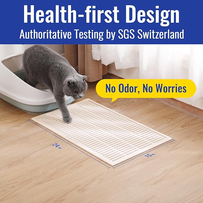 Rubber Litter Box Mat: Easy Clean Cat Litter Trapping Mat - Ivory White Kitty Litter Catcher Mat for Indoor Cats - Cute Litter Tracking Mat Beige (24” x 15”)