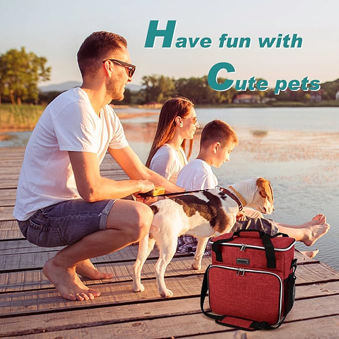 BAGLHER Dog Travel Bag, Pet Travel Bag (ALL Pet Travel Supplies), With 2 Pet Food Containers and 2 Collapsible Silicone Bowls; Essential Kits for Pet Travel Red