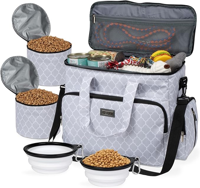 BAGLHER Dog Travel Bag, Pet Travel Bag (ALL Pet Travel Supplies), With 2 Pet Food Containers and 2 Collapsible Silicone Bowls; Essential Kits for Pet Travel DLwhite