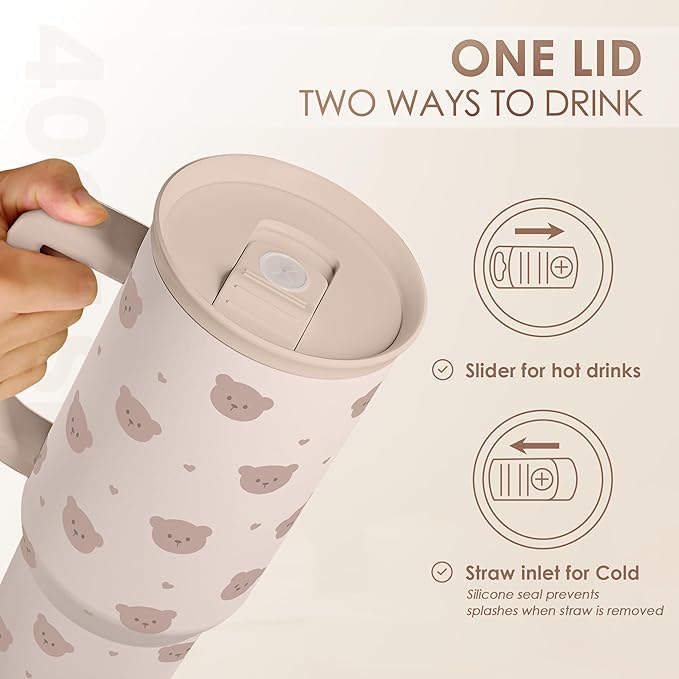 SANDJEST Bear Tumbler with Handle, Insulated Cup Stainless Steel Travel Mug Cup, Gifts for Women Girl, 40oz