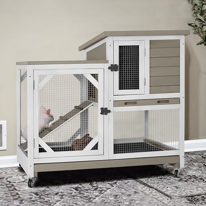 GUTINNEEN 2-Story Rabbit Hutch with Chew-Proof Ramp & Pull-Out Trays - Indoor/Outdoor 39.3" Wooden Rabbit Cage on Wheels for Rabbits, Guinea Pigs (Light Brown)