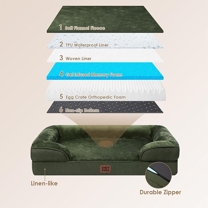 EHEYCIGA Orthopedic Dog Bed for Medium Dogs, Waterproof Memory Foam Medium Dog Beds with Sides, Non-Slip Bottom and Egg-Crate Foam Pet Couch Bed with Washable Removable Cover, Dark Green