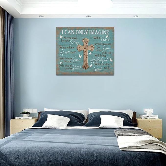 Rustic Christian Cross Wall Art I Can Only Imagine Pictures Farmhouse Butterfly Wall Decor Teal Motivational Canvas Print Painting Artwork for Bathroom Living Room Bedroom 16"x20"