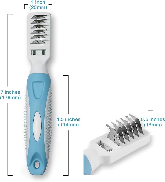 Pets First Professional Pet Mat Remover - Dematting Tool for Grooming Cats & Dogs - Removes Matted Fur, Tangles, Knots, Loose Hair & Dirt - Stainless Steel, Gentle Teeth, Soft Comfort Grip Handle,Blue