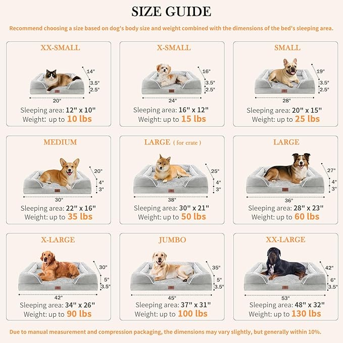 Comfort Expression Large Dog Beds Orthopedic Foam, Waterproof Dog Beds for Dogs Sofa Comfy Pet Bed with Washable Removable Cover & Non-Slip Bottom(Large,Grey White)