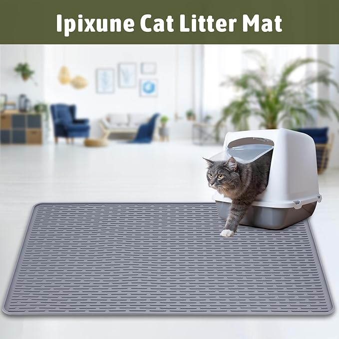 Rubber Cat Litter Mat, 34" x 22" Waterproof Urine Proof Cat Litter Trapping Mat, Easy Clean and Anti-Slip Kitty Litter Catcher Mat, Grey
