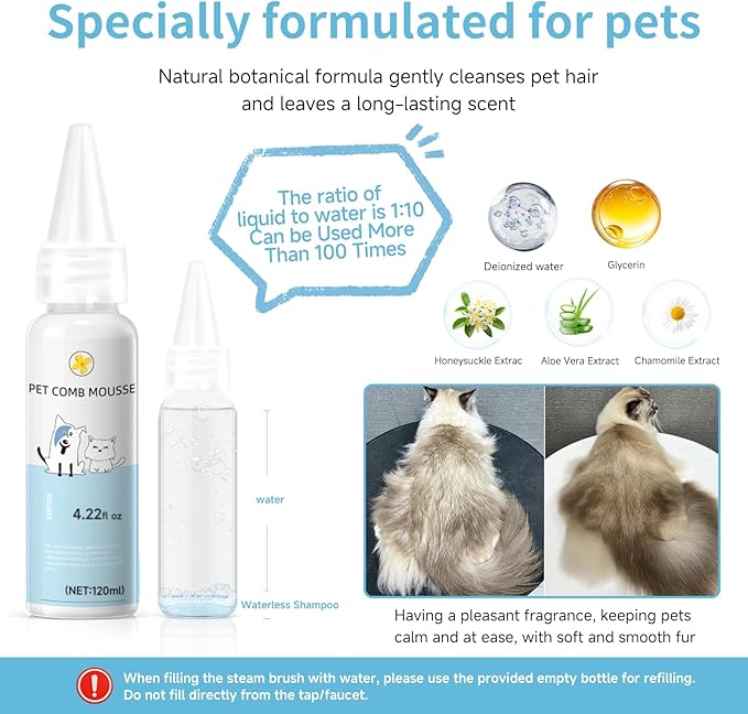 Pet Steam Brush for Dog & Cat – 3-in-1 Spray Hair Removal Comb – Steam Brush for Shedding & Grooming –Spritz Defur Comb–Includes Waterless Shampoo & Eye Wipes