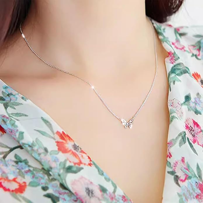 S925 Sterling Silver Butterfly Necklace for Women Cute Animal Meaning Dainty Necklace Pearl Cat Pendant Collar for Gift