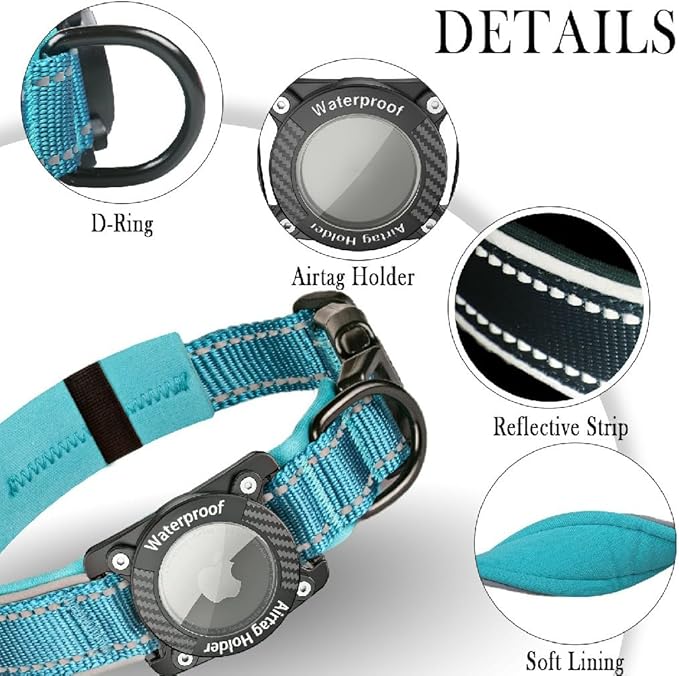Upgraded AirTag Dog Collar, IP68 Waterproof Dog Collar with Apple Air Tag Holder, Reflective Adjustable Heavy Duty Dog Collars with Soft Padded for Small, Medium and Large Dogs,Blue, XL