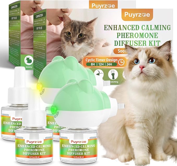 Cat Calming Diffuser with Three Timing Functions, 6-in-1 Cat Pheromones Calming Diffuser Kit, 120-Day Anxiety Relief, Stress Reduction & Relaxation for All Cats (2 Diffusers + 4 Refills)