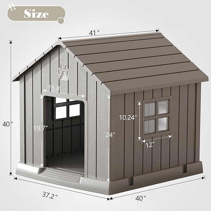 Large Dog House Outdoor Indoor for Medium Large Dogs, Durable Plastic Waterproof Doghouse with Air Vents and Elevated Floor, Easy Clean and Assemble (Grey, 37.2" L x 40" W x 40" H)