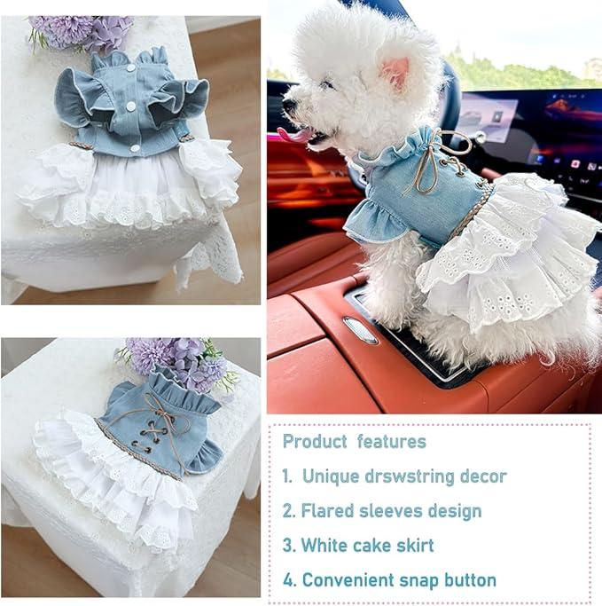 Girl Dog Denim Dress with Flared Sleeves Dog Jeans Jacket Blue White Puppy Clothes for Small Dogs Cat Apparel Cake Skirt Pet Outfit (Blue, Large)