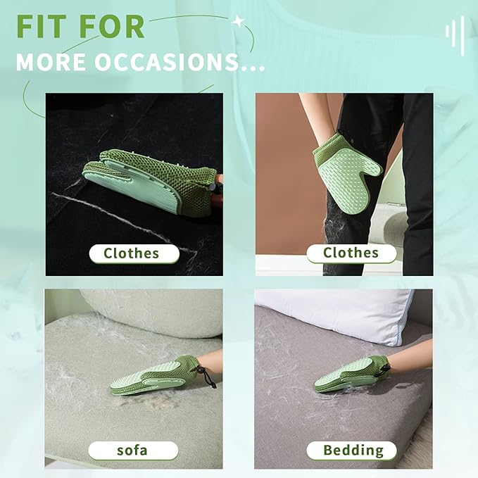 2 in 1 Pet Fur Glove & Cat Hair Remover Glove, Dog Grooming Glove Brush for Shedding, Massage, Efficient Pet Hair Remover Mitt for Couch, Carpet [Green/Single]