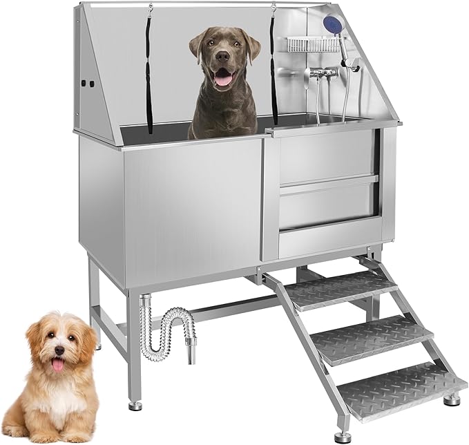 50" Pet Dog Bathing Station W/Ramp, Professional Stainless Steel Dog Grooming Tub W/Storage Drawer, Floor Grate, Faucet, Dog Bathtub for Large,Medium, Small Pets, Washing Sink for Home