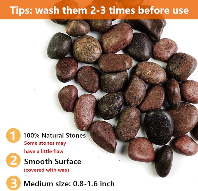 HappyFiller Natural Decorative Red Pebbles Polished Gravel Rocks Stones for Aquarium,Fish Turtle Tank,Outdoor Indoor Plants Top Dressing,Succulents Soil Cover,Garden Landscaping,18 LB