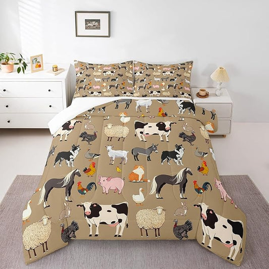 Rustic Farmhouse Bedding Comforter Sets for Kids King Bedding Set Cute Farm Aniamls Comforter Set for Boys Girls Youth Adults,Funny Horse Sheep Milk Cow Duvet Insert Cartoon Animal Themed Quilt