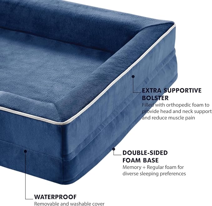 Friends Forever Orthopedic Dog Bed, Bolster Dog Bed with Memory Foam Pet Couch Sofa and Removable Washable Cover, Ally Navy, 42x32x7