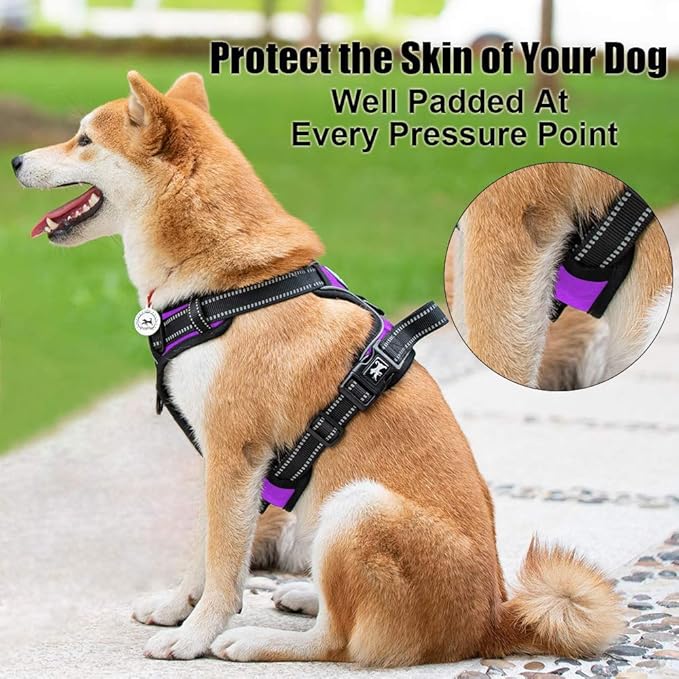 PoyPet No Pull Dog Harness, Reflective Comfortable Vest Harness with Front & Back 2 Leash Attachments and Easy Control Handle Adjustable Soft Padded Pet Vest for Small to Large Dogs (Purple,XL)