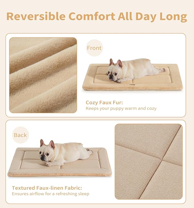 Made4Pets Dog Crate Pad Bed for Large Dogs, Washable & Reversible, Anti-Slip Kennel Mat for Cozy Sleeping, Soft Fluffy Dog Bed for Indoor & Outdoor Use, 44"x32", Khaki