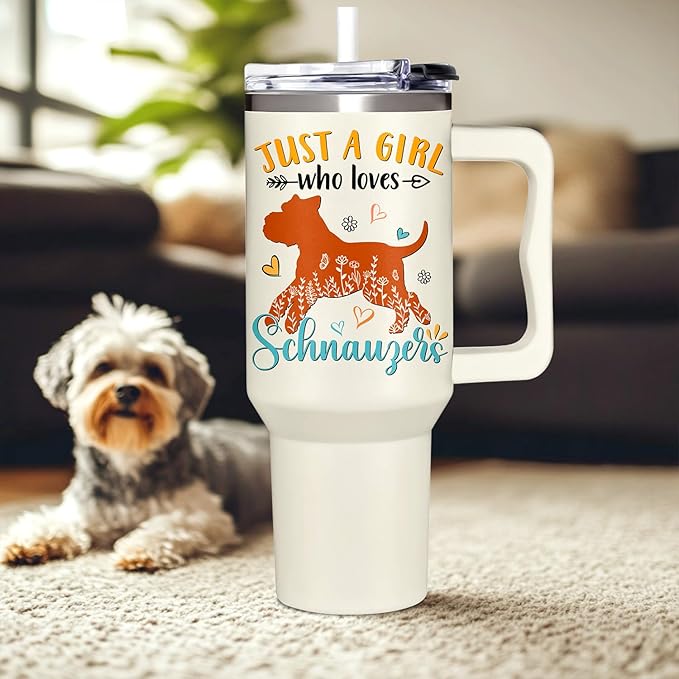 Schnauzer Gifts for Girls & Women, Christmas and Mother's Day Gifts for Schnauzer Lovers, Birthday Present Idea for Dog Owners, 40oz Tumbler with Handle & Straw