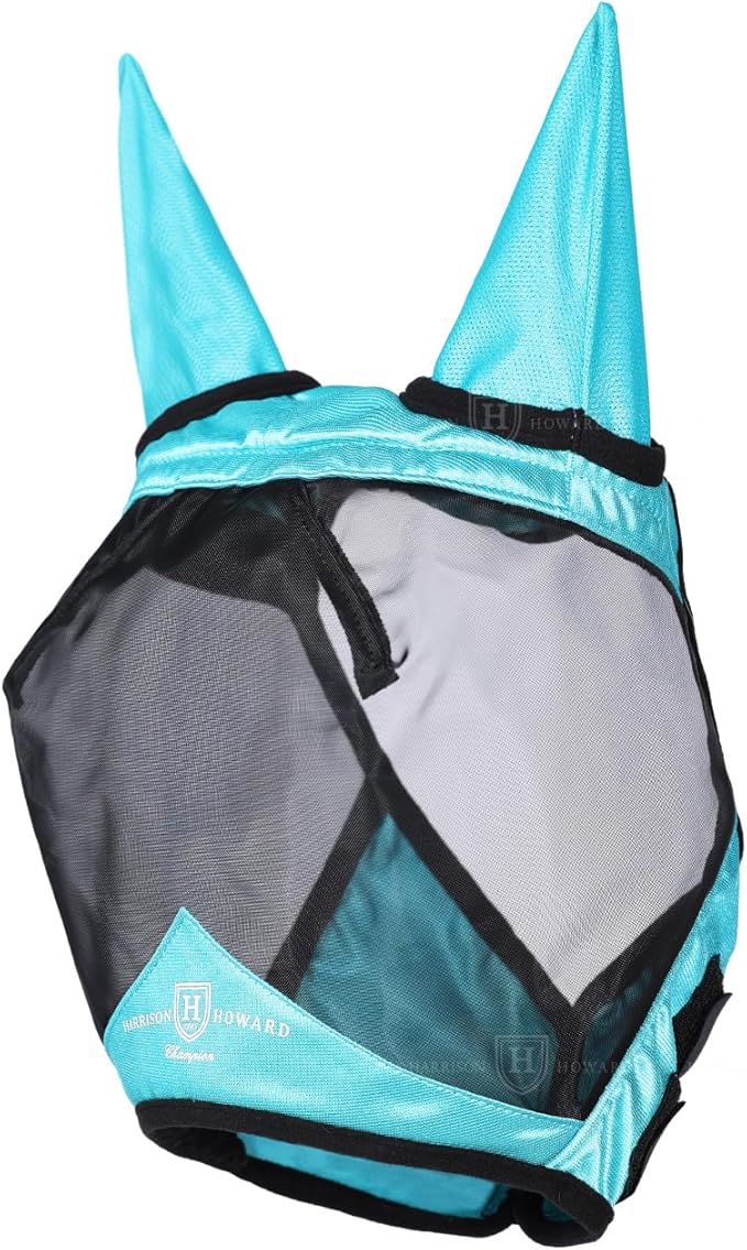 Harrison Howard Pro Luminous Horse Half Face Fly Mask Large Eye Space with Ears UV Protection for Horse Teal L